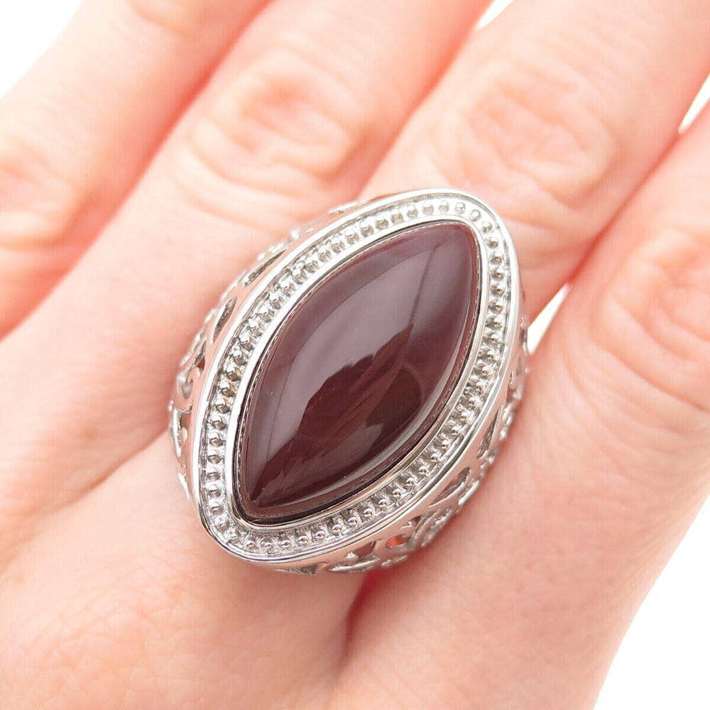Ken Crafts 925 Sterling Silver Real Red Agate Floral Scroll Ring Size 9